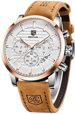 BENYAR Quartz Chronograph Waterproof Watches Business and Sport Design Leather Band Strap Wrist Watch for Men