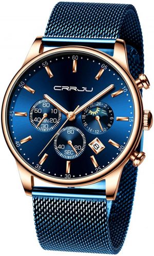 CRRJU Men&#x27;s Watches Auto Date Chronograph Watch Men Sports Watches Waterproof 30M Full Steel Quartz with Mesh Strap