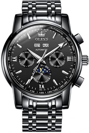 OLEVS Mens Automatic Watches Skeleton Mechanical Self Winding Luxury Dress Wrist Watch Moon Phase Day Date Waterproof Luminous Two